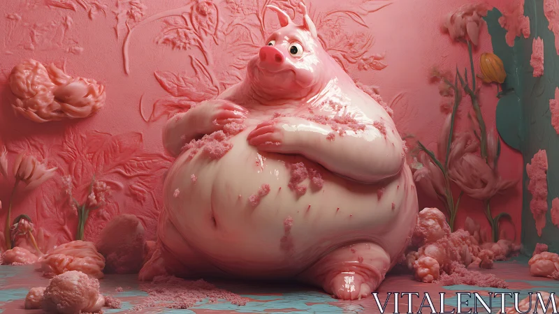 Plump glossy pig sculpture rests in surreal pink cream