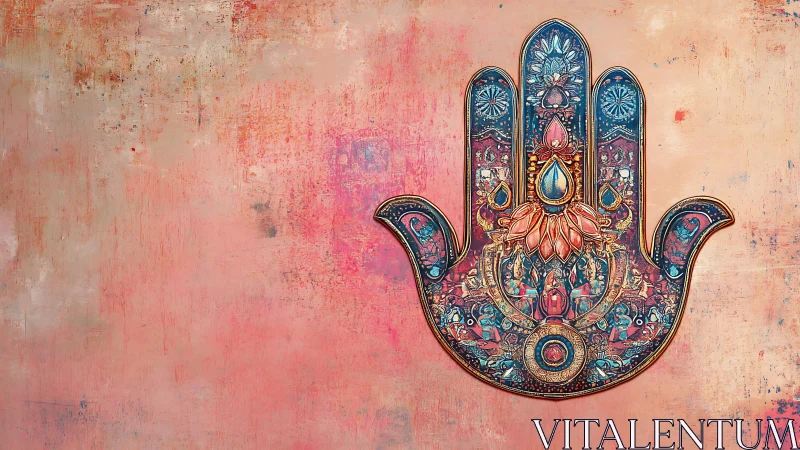 Ornate hamsa hand on textured pink painted background.