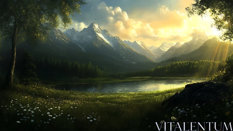 Backlit alpine valley lake with snowcapped mountains at sunset