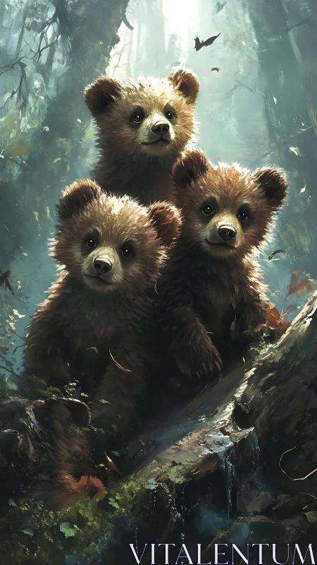 Curious bear cub trio explores a sunlit forest hollow