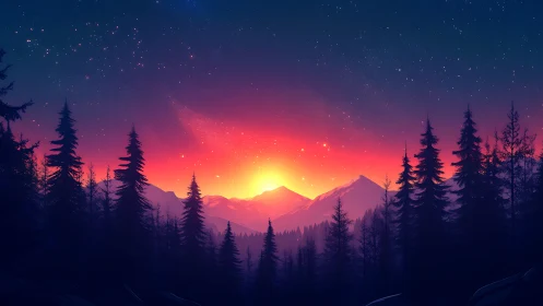 Backlit conifer forest silhouettes frame high-contrast alpine sunrise