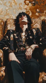 Reclining figure in floral brocade jacket on patterned armchair