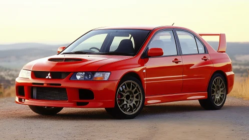 Red Mitsubishi Lancer Evolution sports sedan on country road.