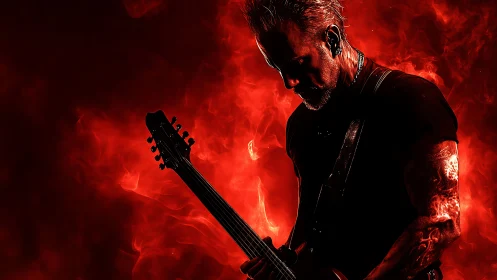 Guitarist in fiery red haze lost in a storm of sound.