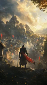 Epic fantasy citadel vista with lone cloaked warrior silhouette.