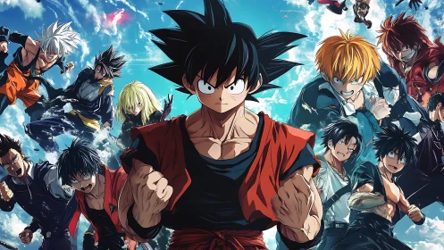 Dynamic anime warriors assemble in high-energy battle tableau