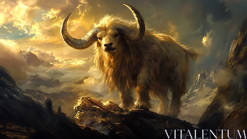 Gentle horned giant wandering through golden mountain light.