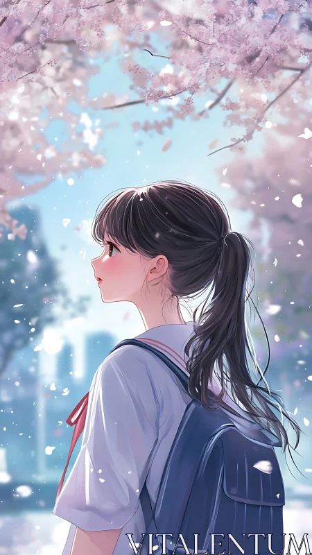 Schoolgirl walks under blooming cherry blossoms in spring