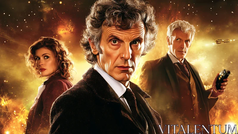 Triadic character portrait set against incendiary nebular backdrop