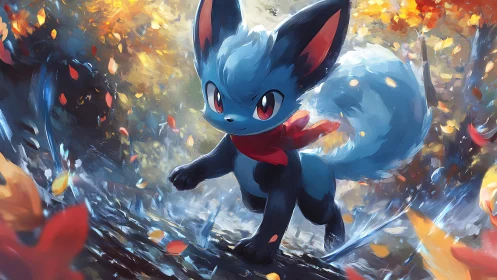 Blue fox creature dashes through glowing autumn forest light