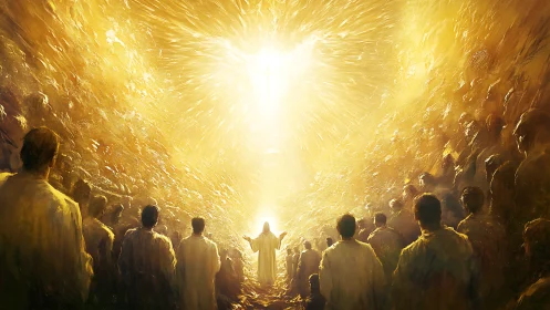 Radiant gathering before central luminous divine figure.