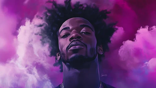 Low-angle digital portrait amid magenta and violet clouds