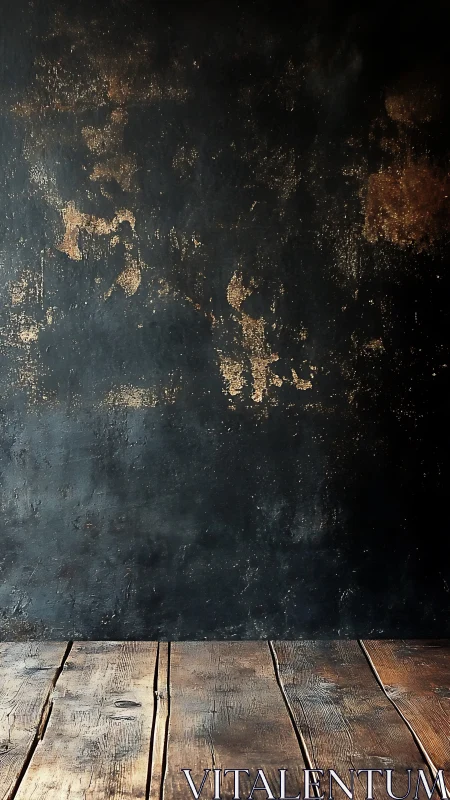 Weathered wood floor against dark rustic studio wall.