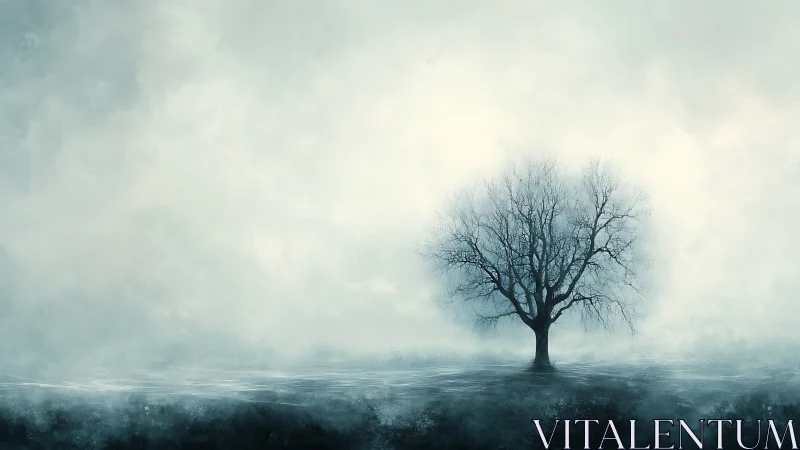 Solitary winter tree emerges through desaturated atmospheric haze