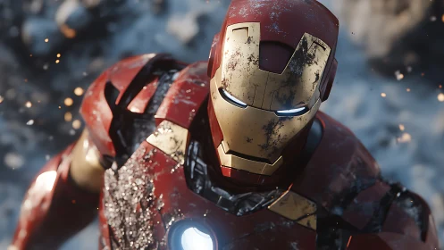 Armored humanoid figure with weathered helmet looks forward