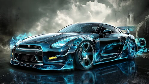 Electric neon sports car surging through storm cityscape.