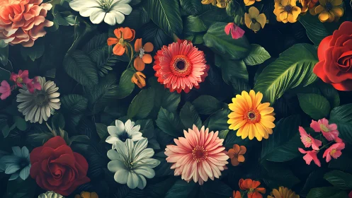 Garden Abundance: Vibrant Floral Composition on Dark Background.