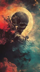 Skull dissolves in cosmic nebula before a burning moon.