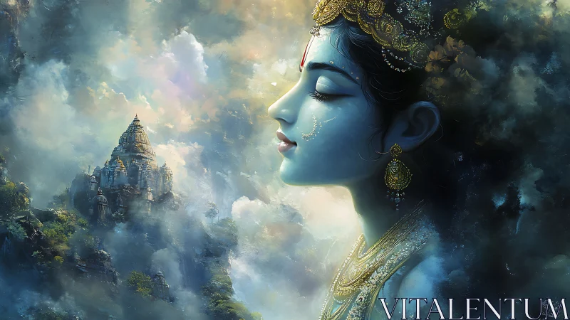 Mythic blue goddess profile amid misty temple cliffs.