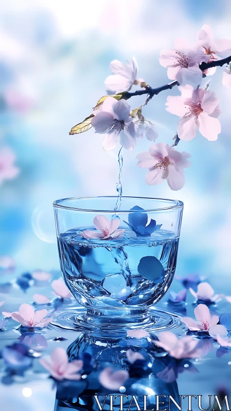 Cherry blossoms over glass of water with soft blue bokeh.