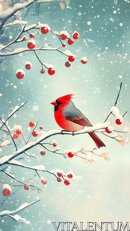 Red cardinal on snowy berry branch in gentle snowfall.
