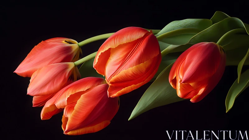 Red Tulips with Gradient Illumination Against Black Background Display