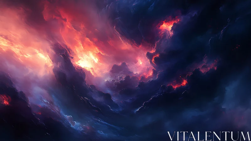 Fiery nebula storm swirls through deep cosmic void