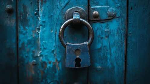 Weathered blue door holds a quietly steadfast metal padlock