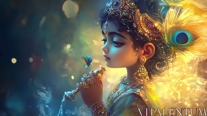 Ornate child deity with flute, peacock feather and glow.