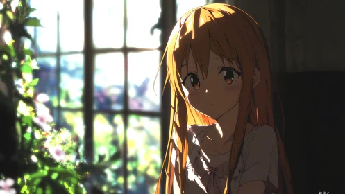 Soft morning light gently embraces a thoughtful anime girl