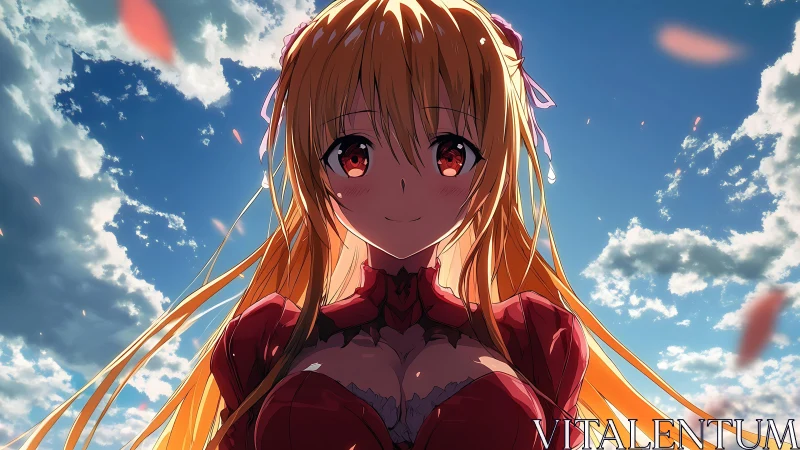 Anime girl in red dress under bright blue sky.