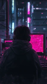 Cyberpunk workstation interior with neon-lit hacker silhouette.