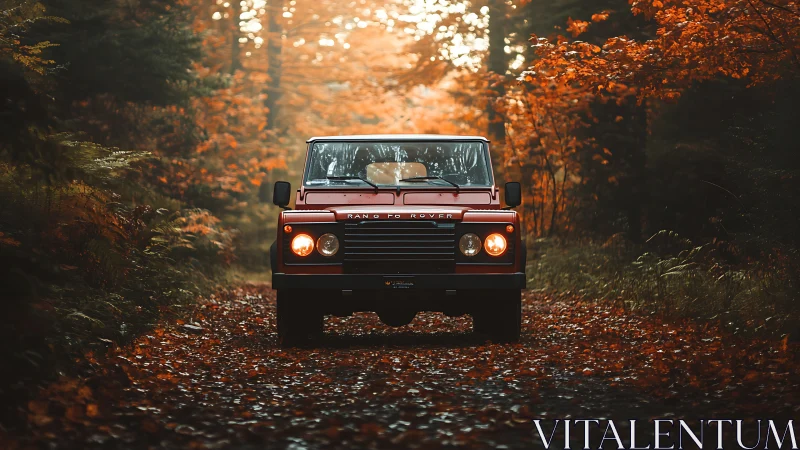 Front-on classic 4x4 framed by dense autumn woodland bokeh