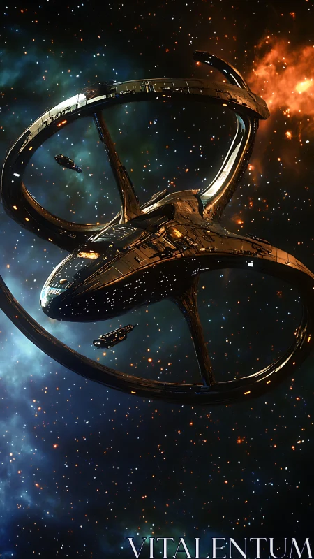 Ringed starship curls through nebula fire and cobalt void