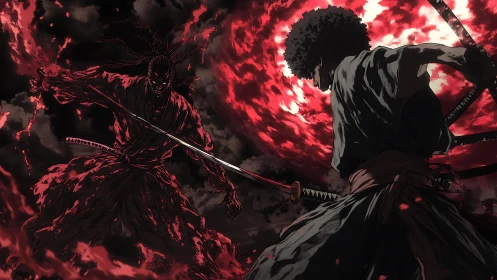 Dynamic anime duel under blood-red celestial vortex.