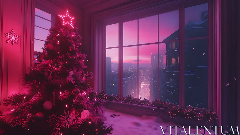 Cozy pink Christmas tree glowing over a dreamy city view.