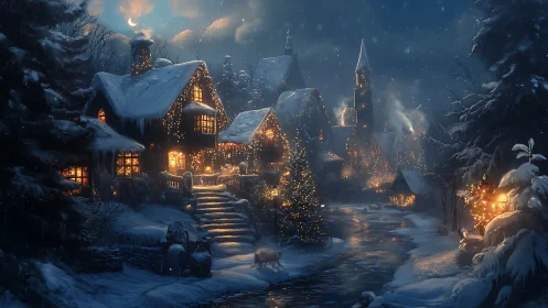 Snowy village night with lit cottages and church tower.