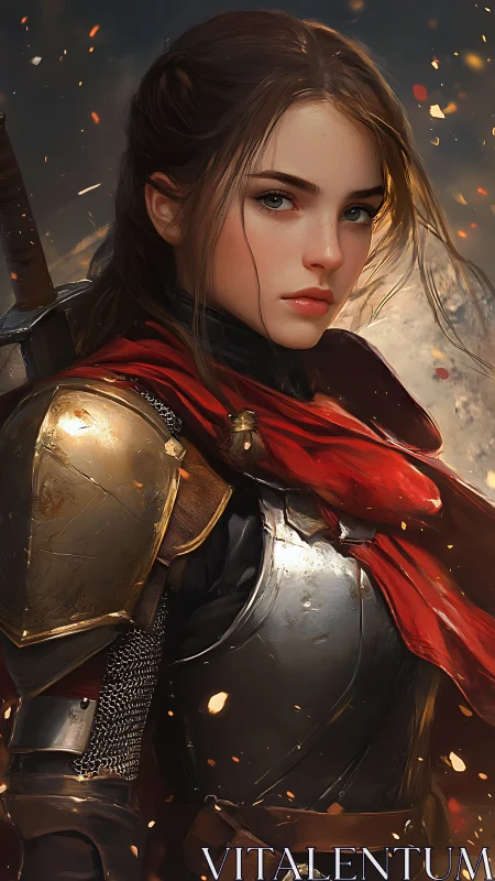 Scarlet-scarfed knight maiden amid emberlit dusk watch.