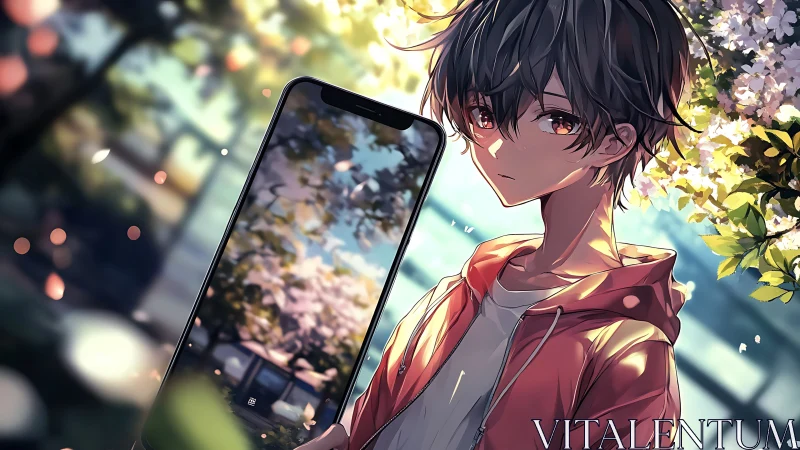 Teen boy holds smartphone under spring blossoms in sunlight