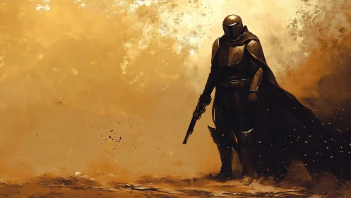 Armored lone gunslinger in desert sandstorm digital painting