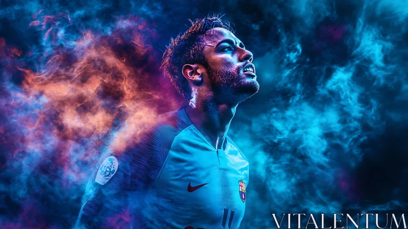 Dynamic football portrait with neon bicolor volumetric smoke effects