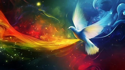 Radiant spirit bird soars through swirling cosmic color field.