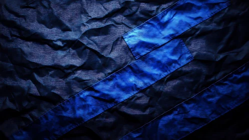 Diagonal blue textile bands intersect across crumpled fabric