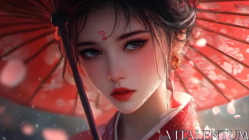 Elegant geisha portrait under red parasol in soft bokeh light