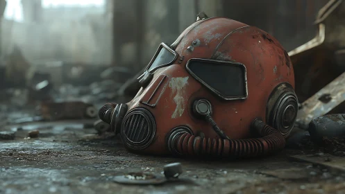 Rust-worn red gas mask helmet in abandoned industrial ruin.