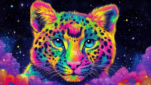 Luminescent feline head rendered in neon spectral gradients.