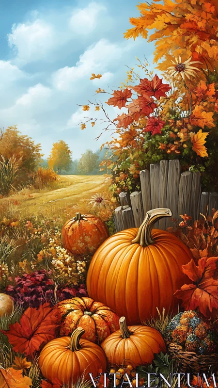 Autumn pumpkins by rustic fence in golden country landscape.