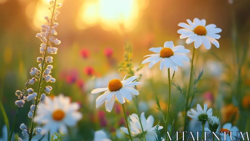 Shallow depth field isolates white daisies in golden hour meadow.