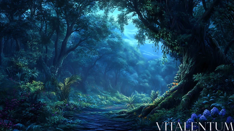 Temperate forest landscape with cave opening and luminous clearing.