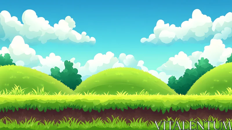 Digital landscape platform with layered hills and stylized sky.